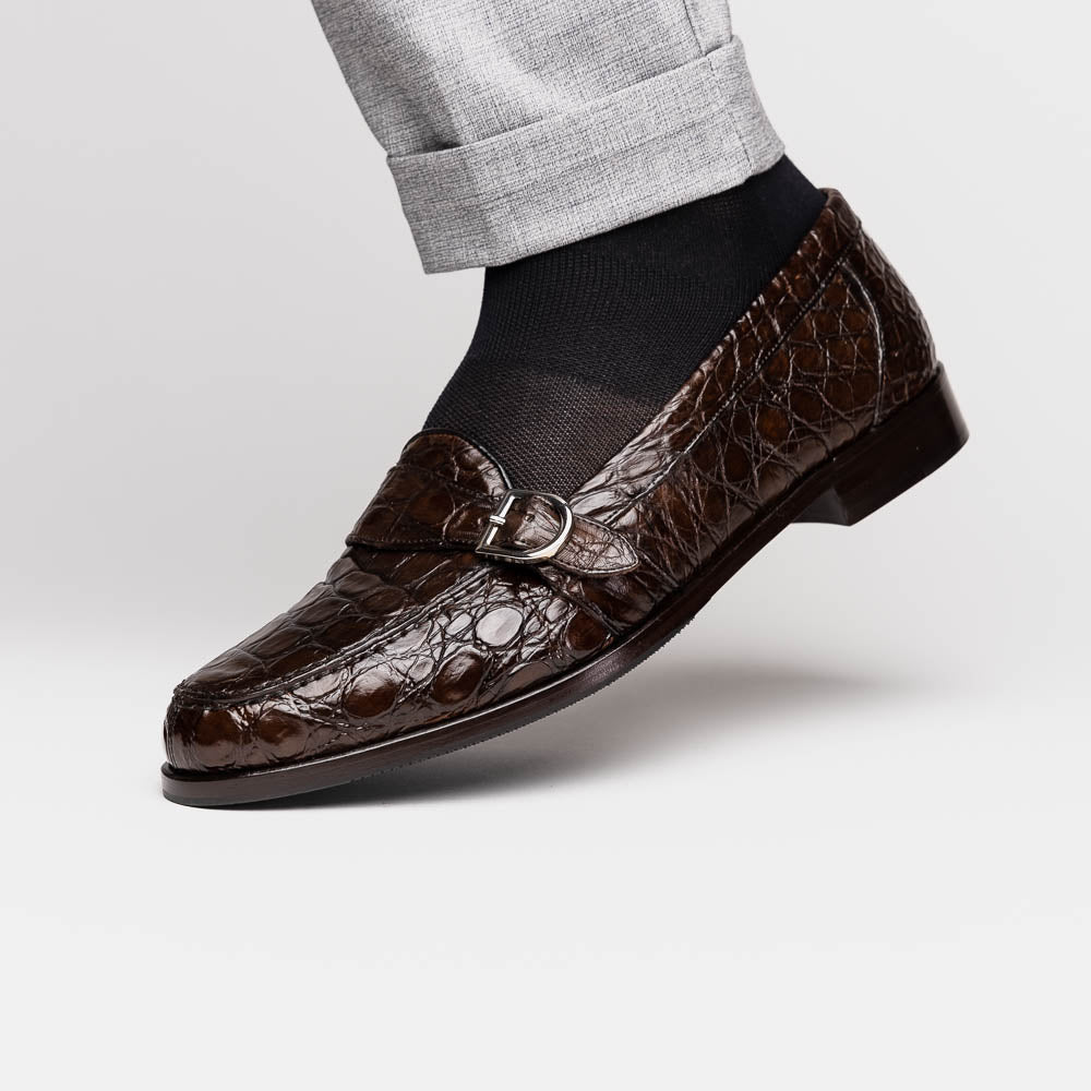 Zelli Orlando Crocodile Monk Strap Shoes Nicotine