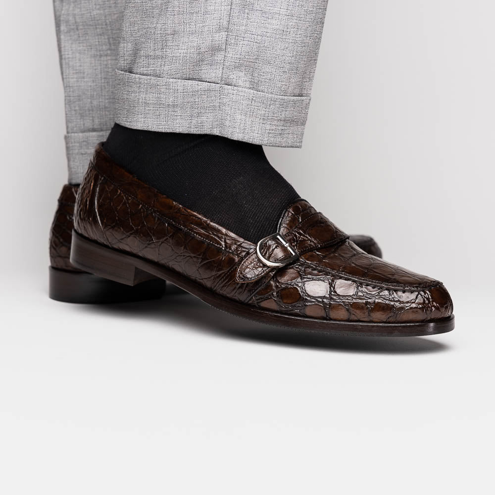 Zelli Orlando Crocodile Monk Strap Shoes Nicotine