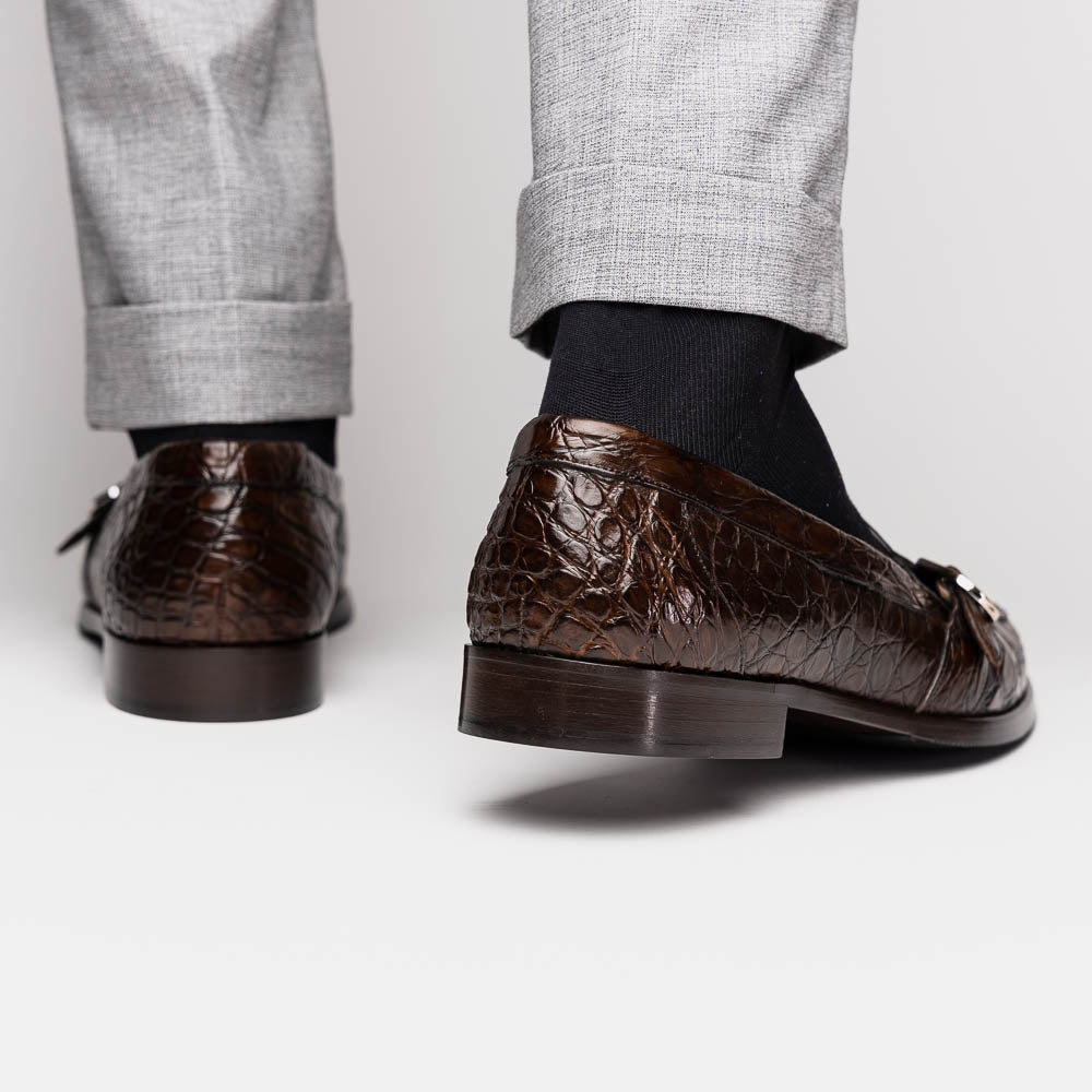 Zelli Orlando Crocodile Monk Strap Shoes Nicotine