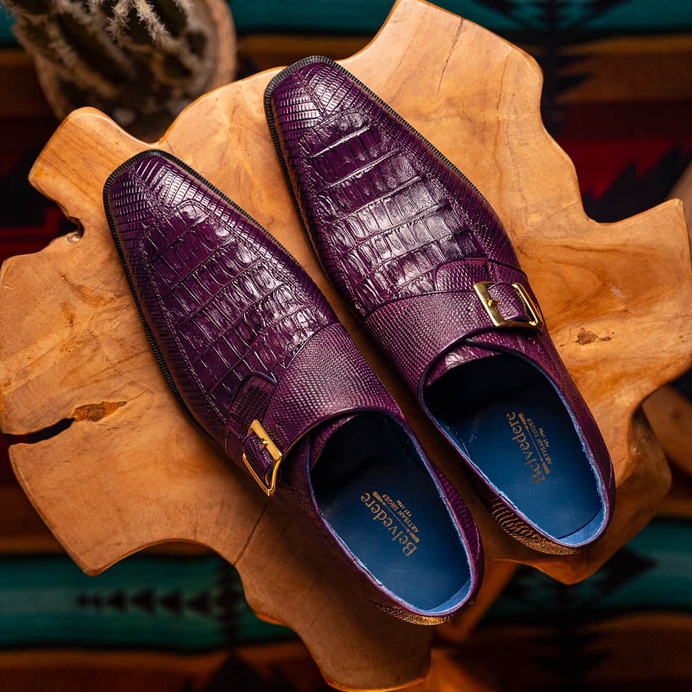 Belvedere Pablo Genuine Caiman / Lizard Monkstrap Shoes Antique Purple