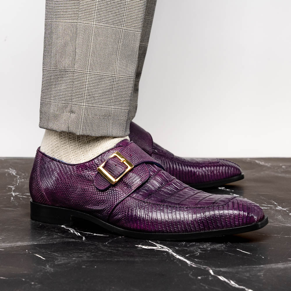 Belvedere Pablo Genuine Caiman / Lizard Monkstrap Shoes Antique Purple