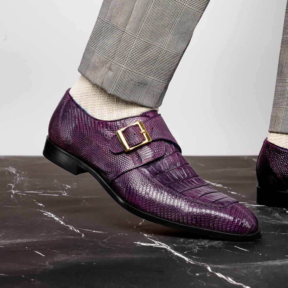 Belvedere Pablo Genuine Caiman / Lizard Monkstrap Shoes Antique Purple