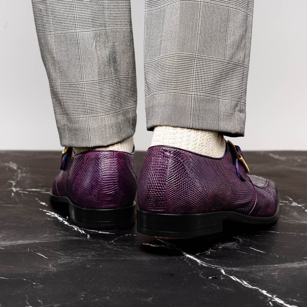 Belvedere Pablo Genuine Caiman / Lizard Monkstrap Shoes Antique Purple