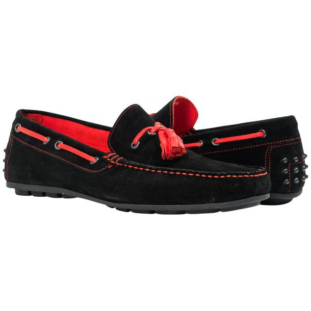 Paolo Shoes Matthew Suede Tasseled Driving Shoes Black / Red