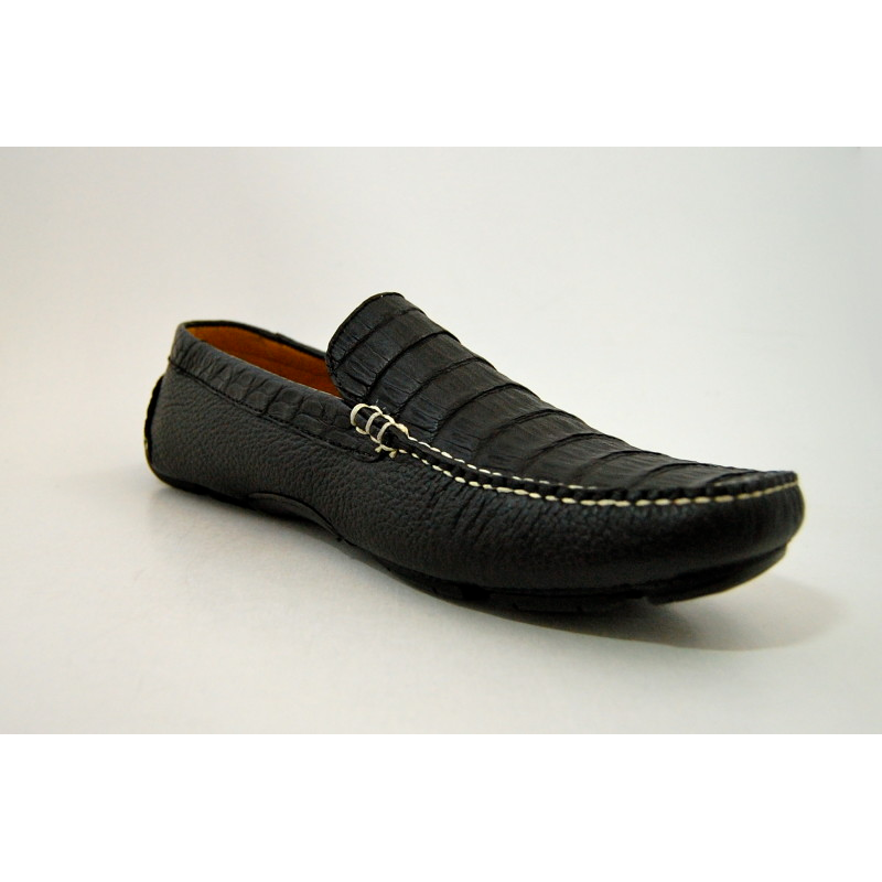 Patrick Gibbons Handmade Crocodile Driving Shoes Black / Beige Stitch