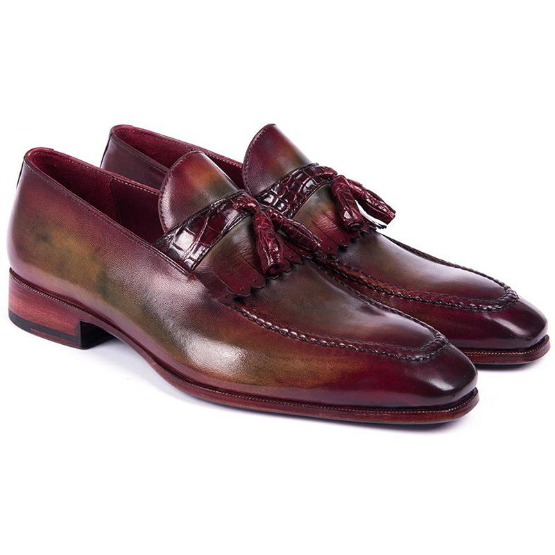 Paul Parkman Calfskin with Embossed Crocodile Tassel Loafers Bordeaux & Green