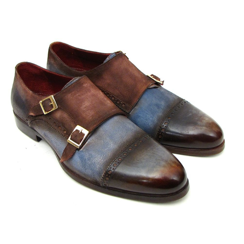 Paul Parkman Cap Toe Monk Strap Shoes Blue / Brown