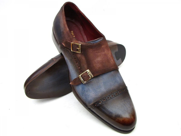 Paul Parkman Cap Toe Monk Strap Shoes Blue / Brown