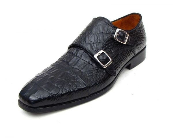 Paul Parkman Crocodile Embossed Double Monk Strap Shoes Black