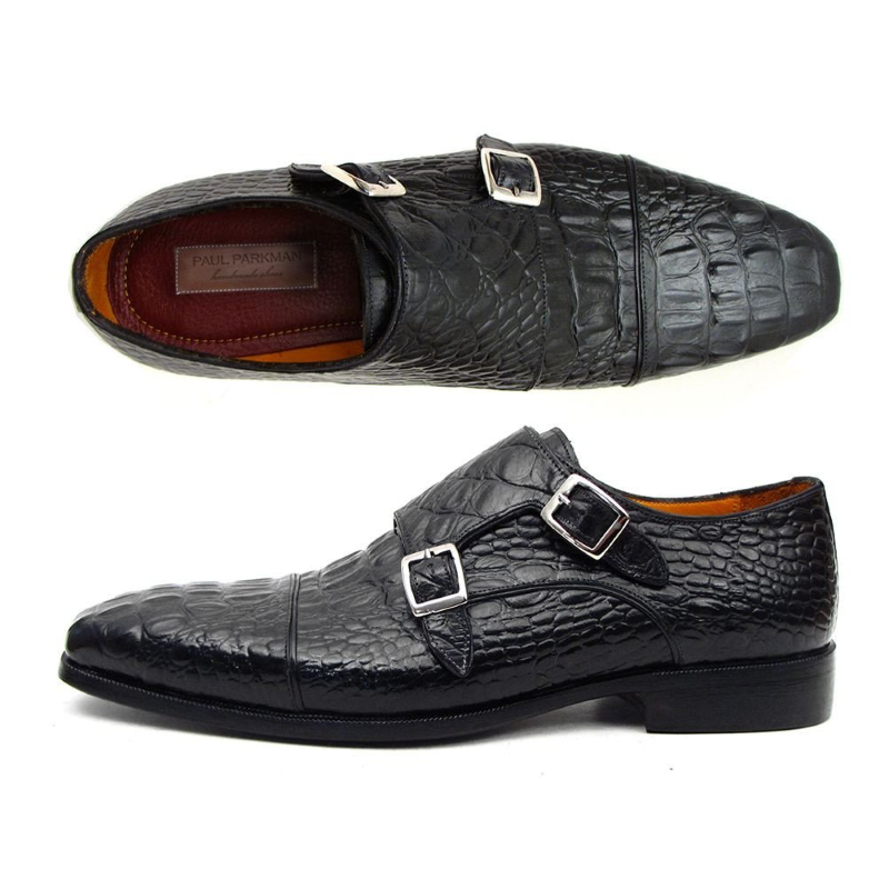 Paul Parkman Crocodile Embossed Double Monk Strap Shoes Black