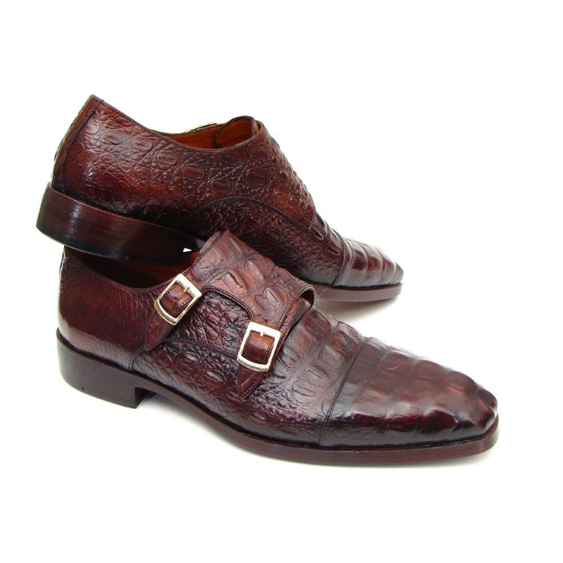 Paul Parkman Crocodile Embossed Double Monk Strap Shoes Bordeaux