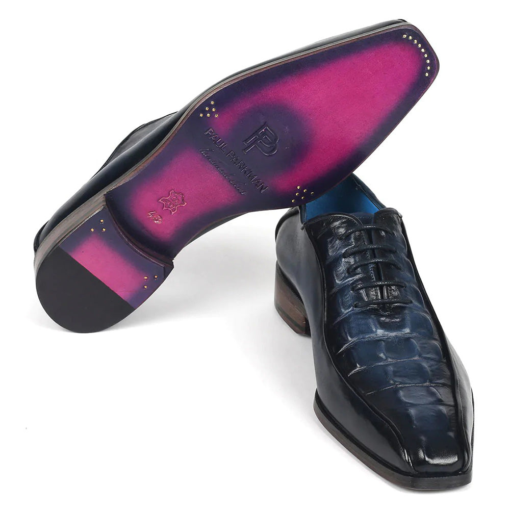 Paul Parkman Croco Textured Leather Bicycle Toe Oxfords Navy