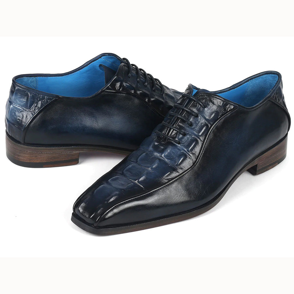 Paul Parkman Croco Textured Leather Bicycle Toe Oxfords Navy