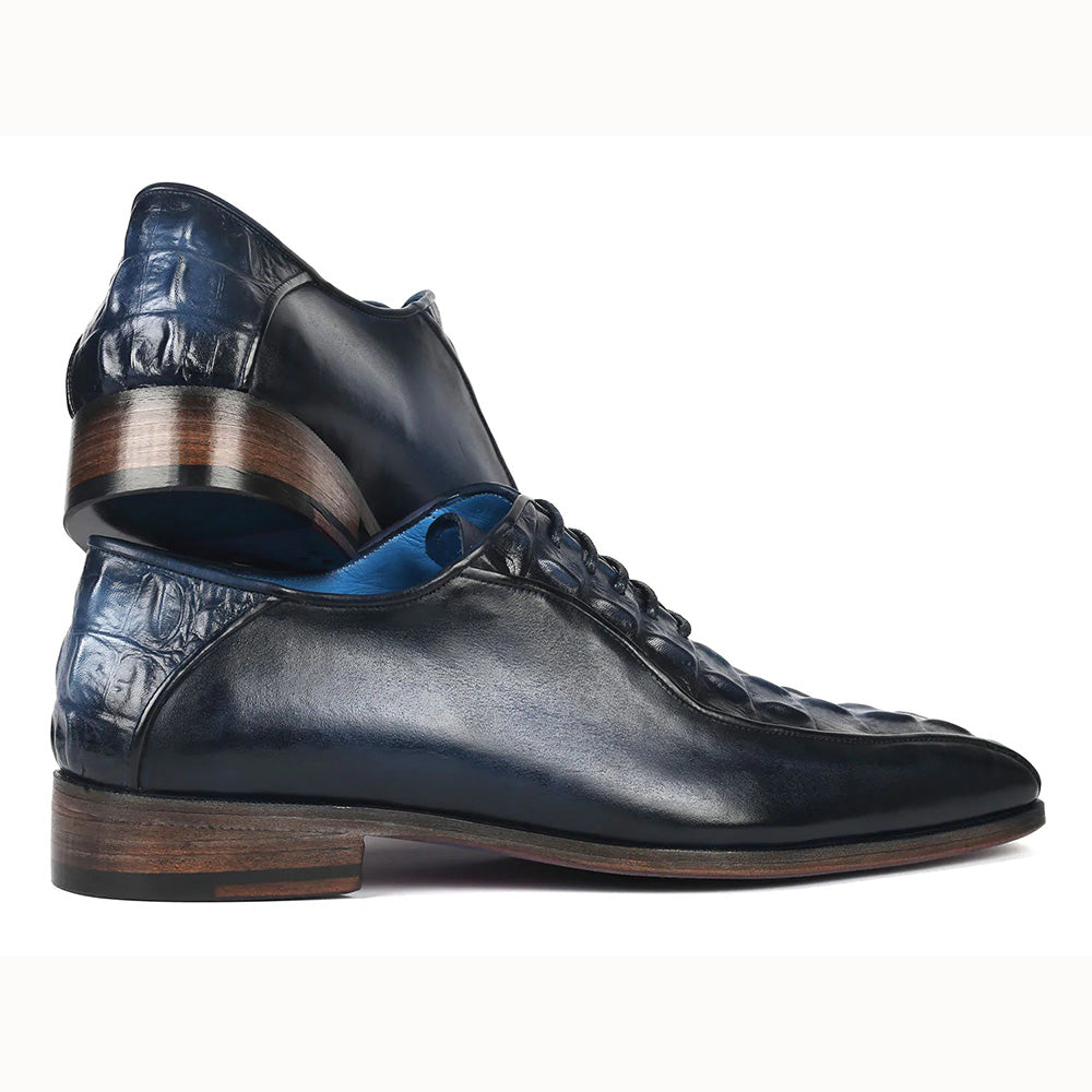 Paul Parkman Croco Textured Leather Bicycle Toe Oxfords Navy