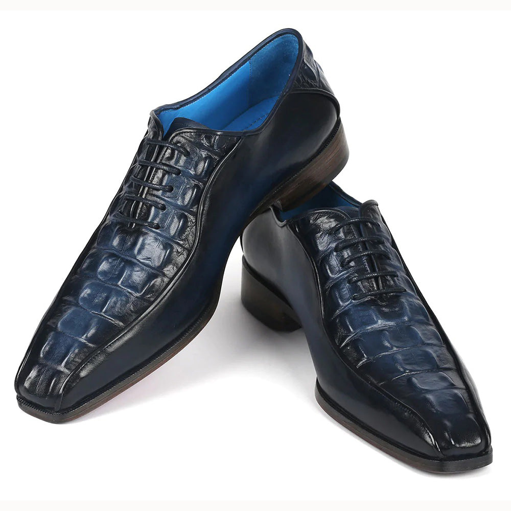 Paul Parkman Croco Textured Leather Bicycle Toe Oxfords Navy