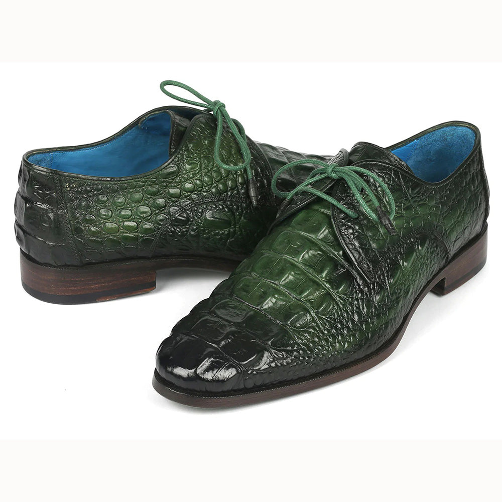 Paul Parkman Croco Textured Leather Derby Shoes Green