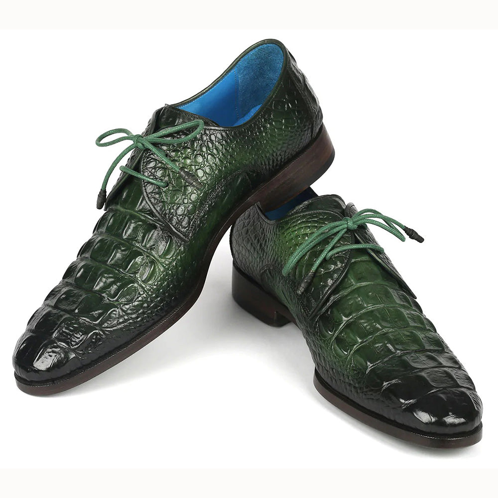 Paul Parkman Croco Textured Leather Derby Shoes Green