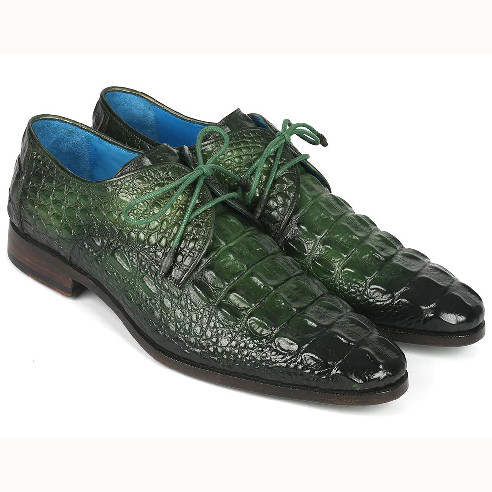 Paul Parkman Croco Textured Leather Derby Shoes Green