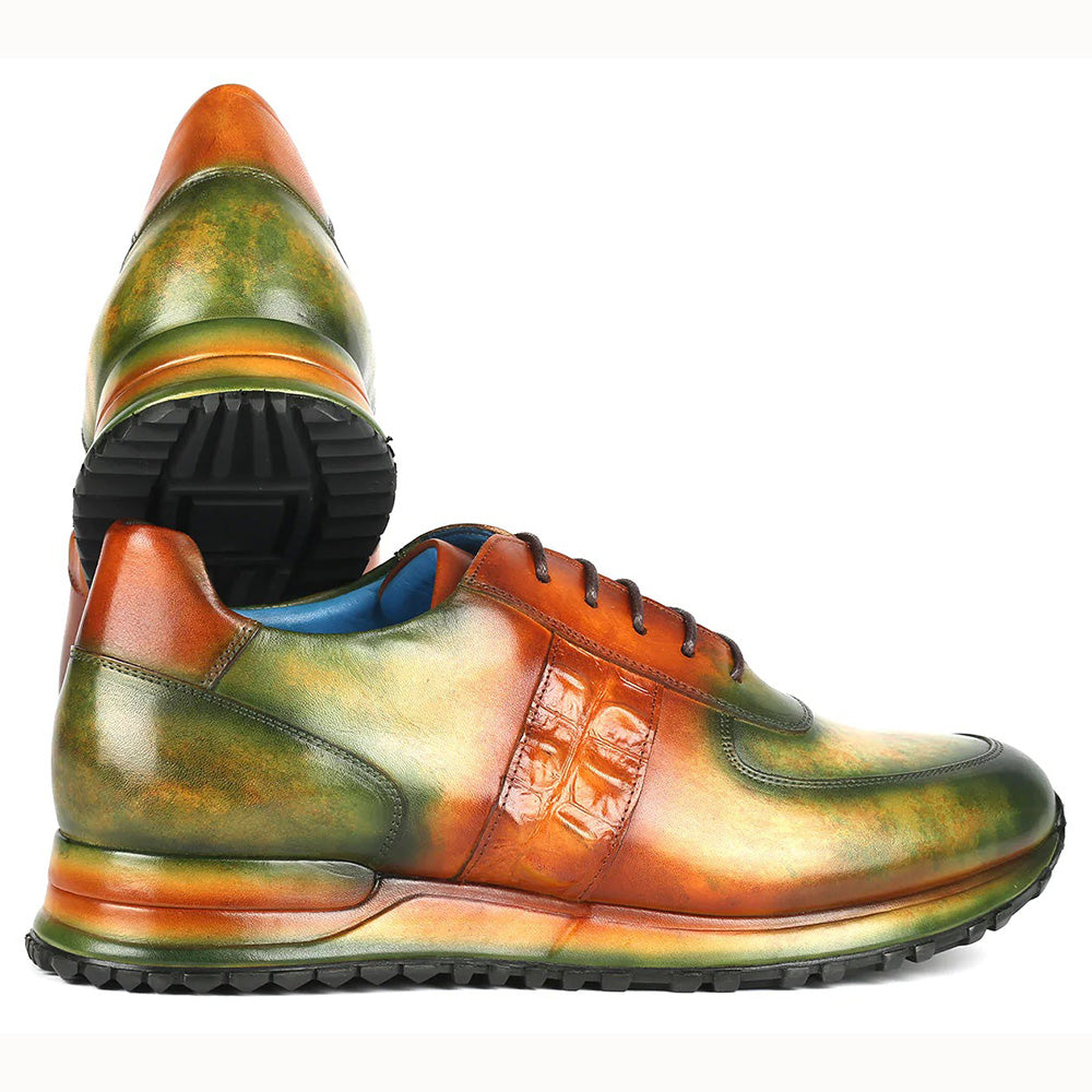 Paul Parkman Croco Textured Sneakers Green / Brown Patina