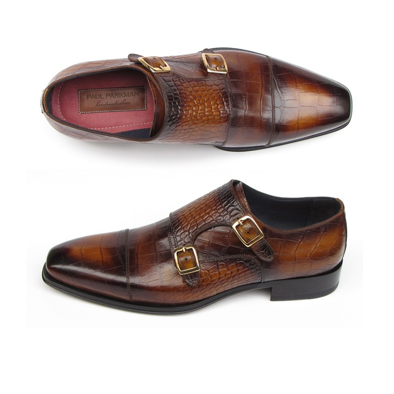Paul Parkman Crocodile Embossed Double Monk Strap Brown