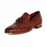 Paul Parkman Crocodile Embossed Tassel Loafers Brown