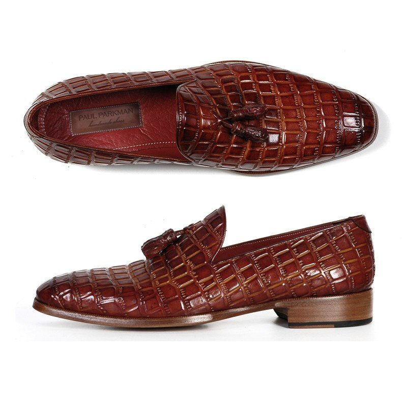 Paul Parkman Crocodile Embossed Tassel Loafers Brown