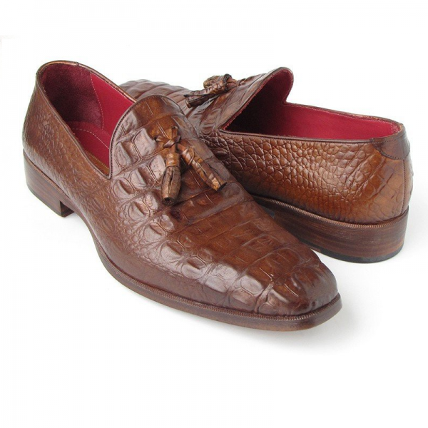 Paul Parkman Crocodile Embossed Tassel Loafers Medium Brown