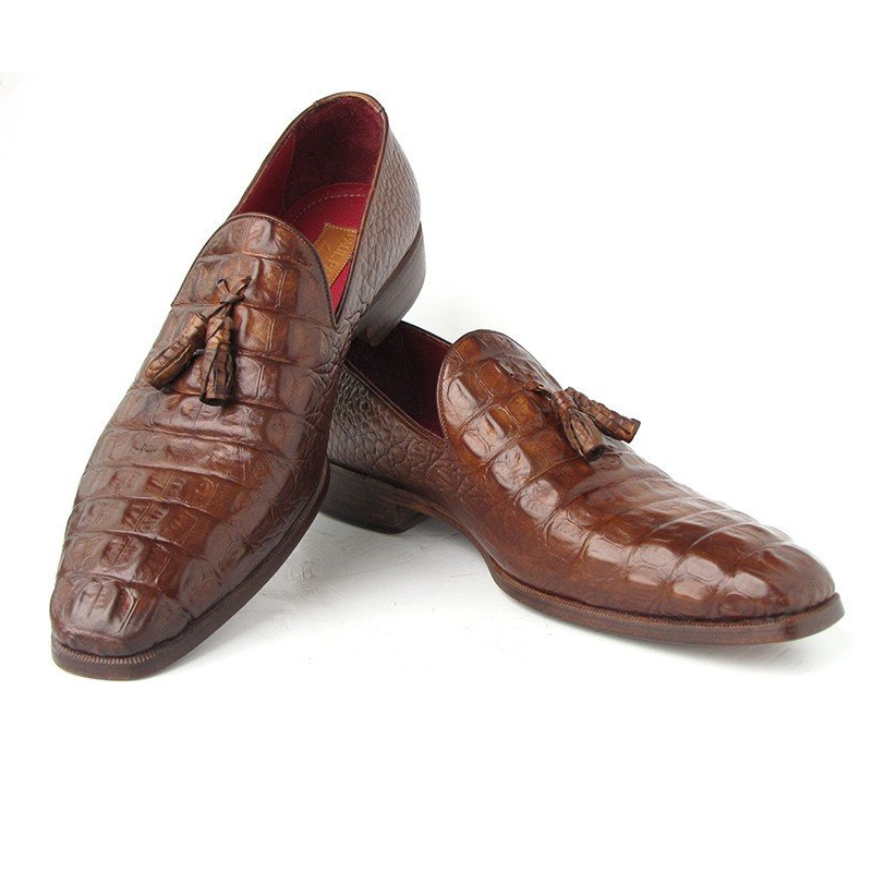 Paul Parkman Crocodile Embossed Tassel Loafers Medium Brown