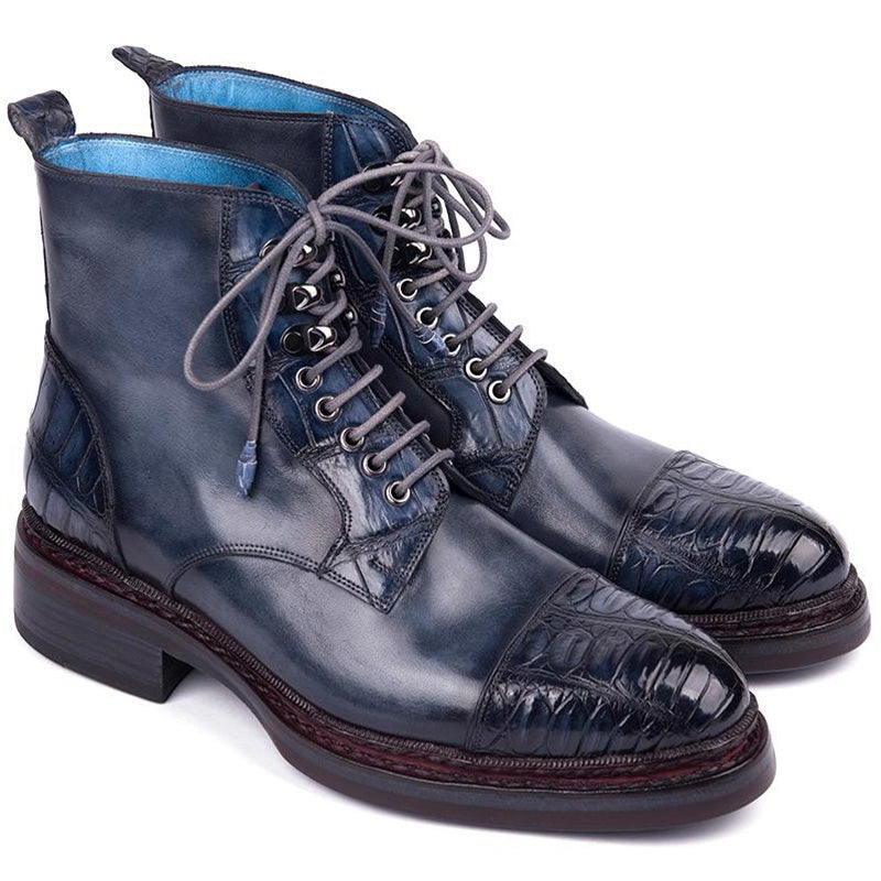 Paul Parkman Embossed Crocodile & Calfskin Captoe Boots Navy