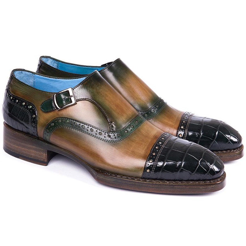 Paul Parkman Embossed Crocodile & Calfskin Captoe Monkstrap Shoes Green