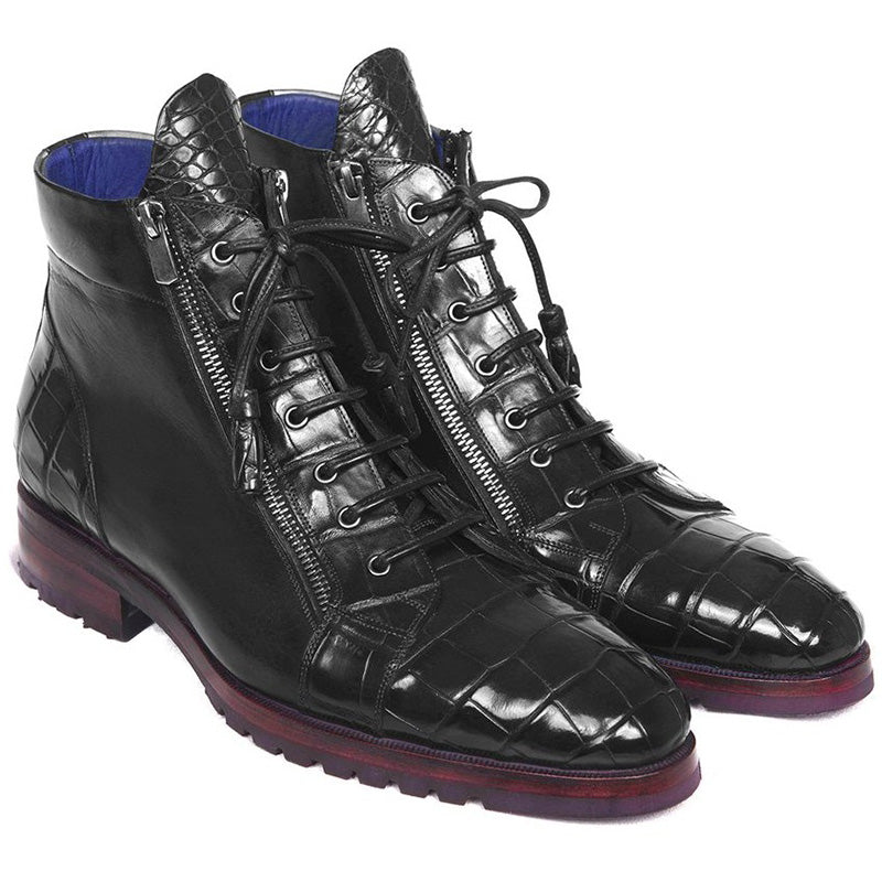 Paul Parkman Embossed Crocodile & Calfskin Side Zipper Boots Black