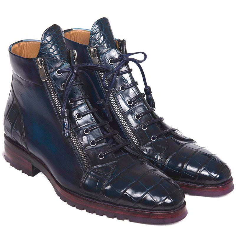 Paul Parkman Embossed Crocodile & Calfskin Side Zipper Boots Blue