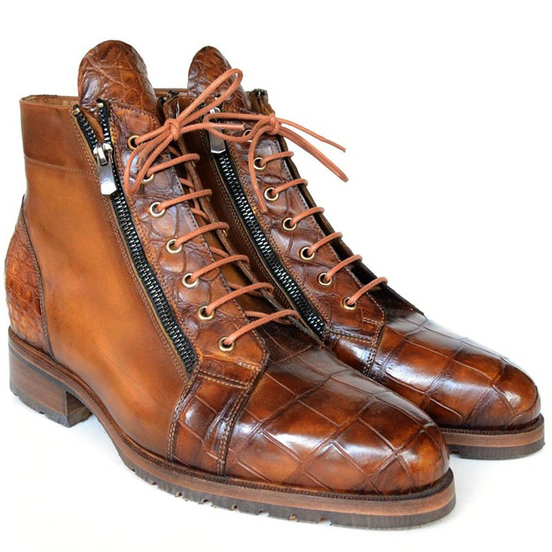 Paul Parkman Embossed Crocodile & Calfskin Side Zipper Boots Brown