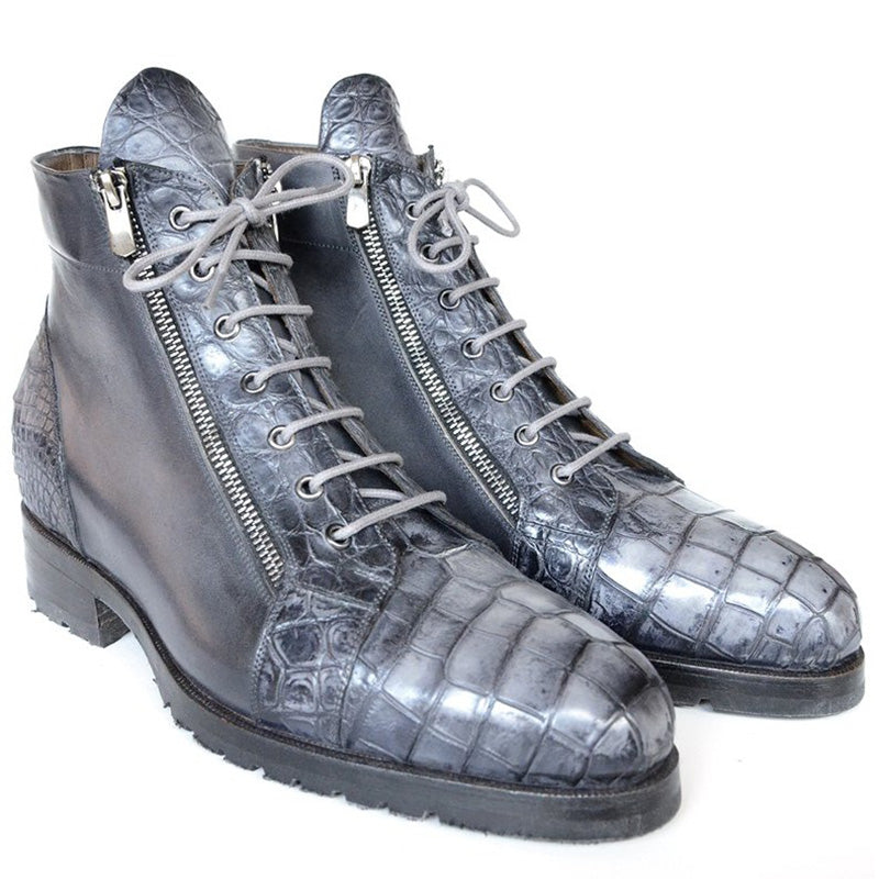 Paul Parkman Embossed Crocodile & Calfskin Side Zipper Boots Gray
