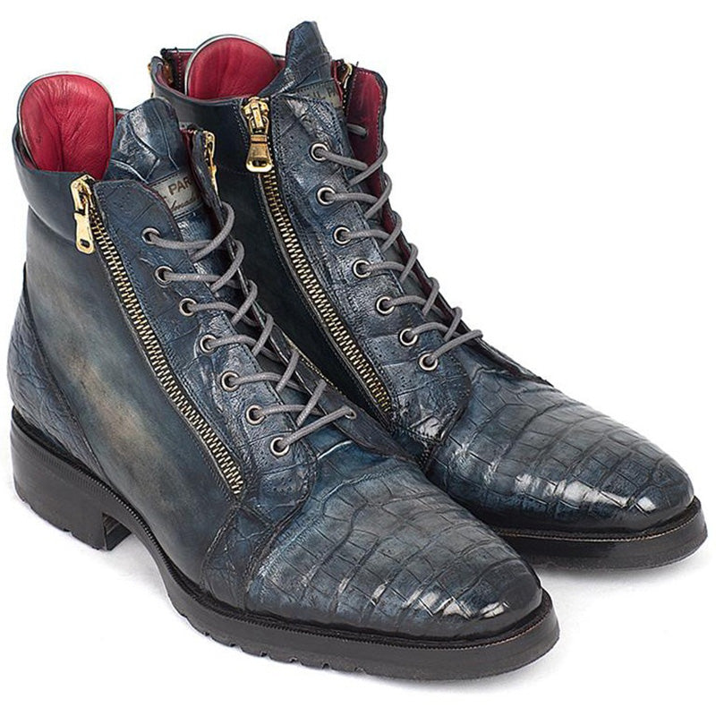Paul Parkman Embossed Crocodile & Calfskin Side Zipper Boots Navy