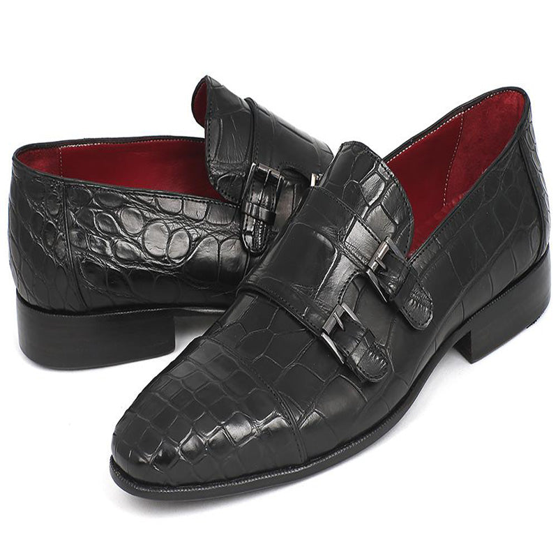 Paul Parkman Embossed Crocodile Double Monk Straps Black