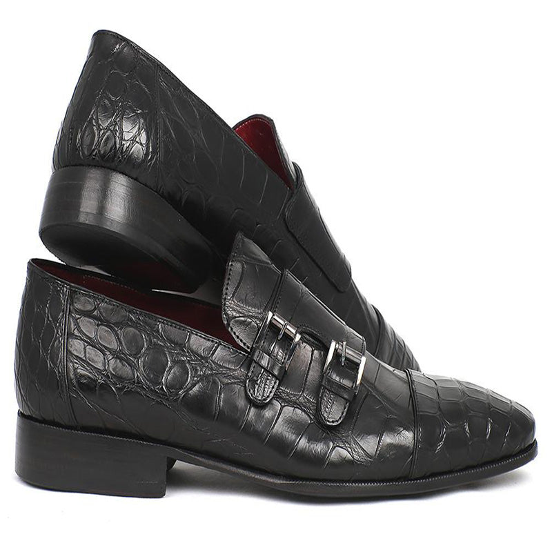 Paul Parkman Embossed Crocodile Double Monk Straps Black