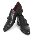 Paul Parkman Embossed Crocodile Double Monk Straps Black