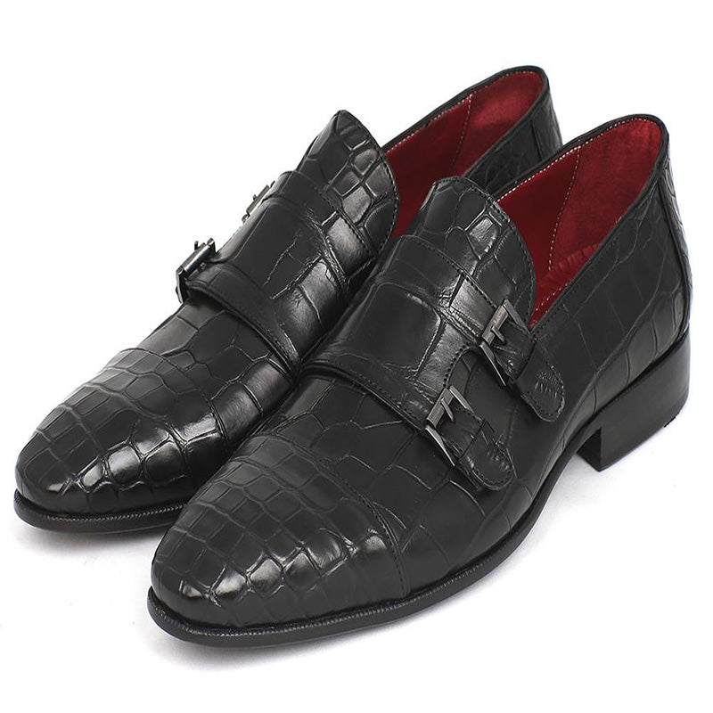 Paul Parkman Embossed Crocodile Double Monk Straps Black