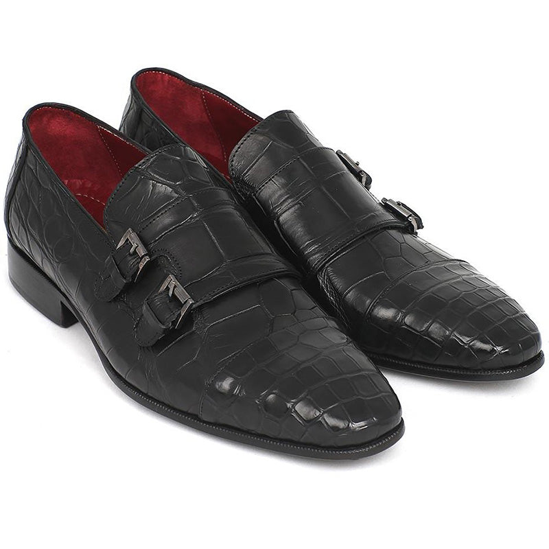 Paul Parkman Embossed Crocodile Double Monkstraps Black