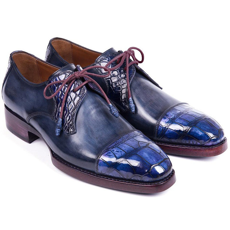 Paul Parkman Embossed Crocodile & Navy Calfskin Captoe Derby Shoes Blue