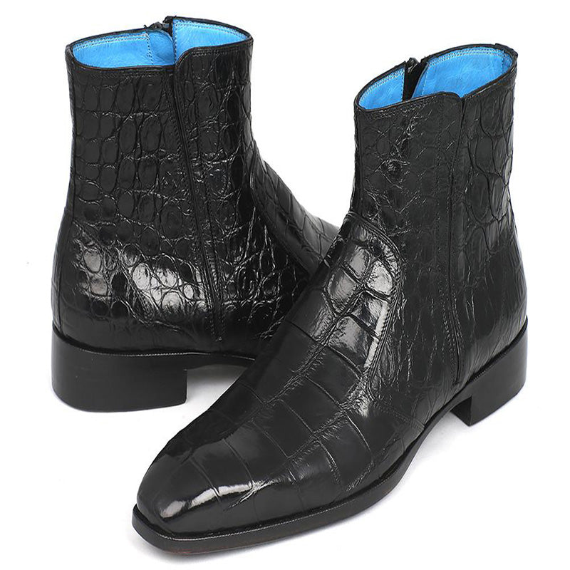 Paul Parkman Embossed Crocodile Side Zipper Boots Black