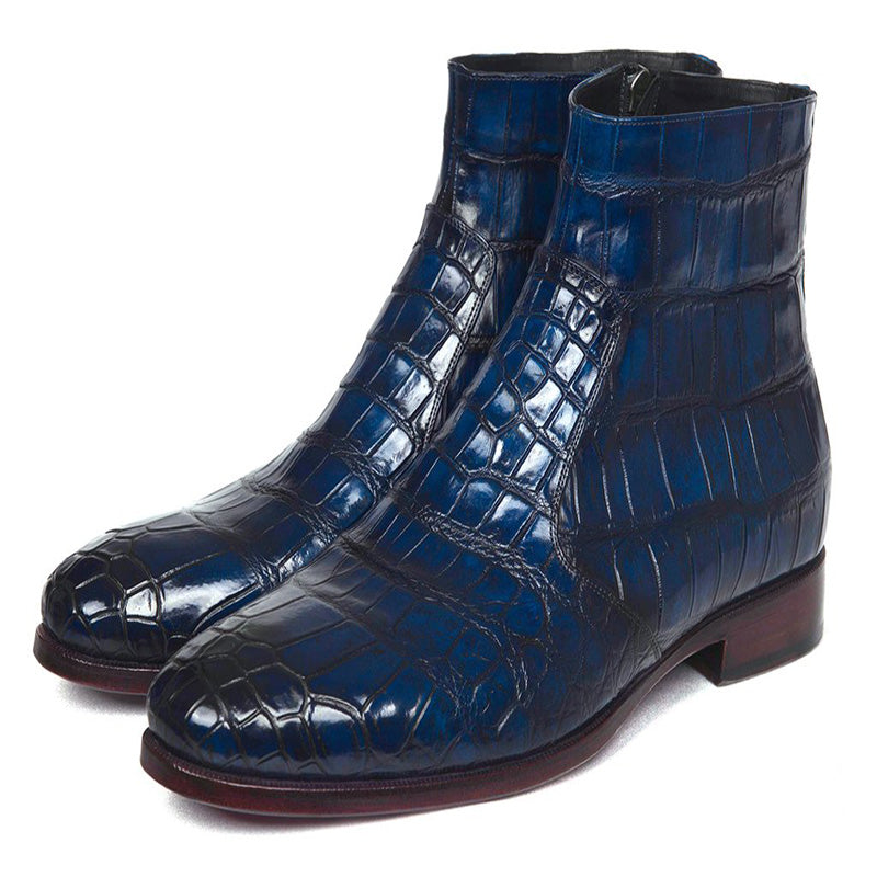 Paul Parkman Embossed Crocodile Side Zipper Boots Navy