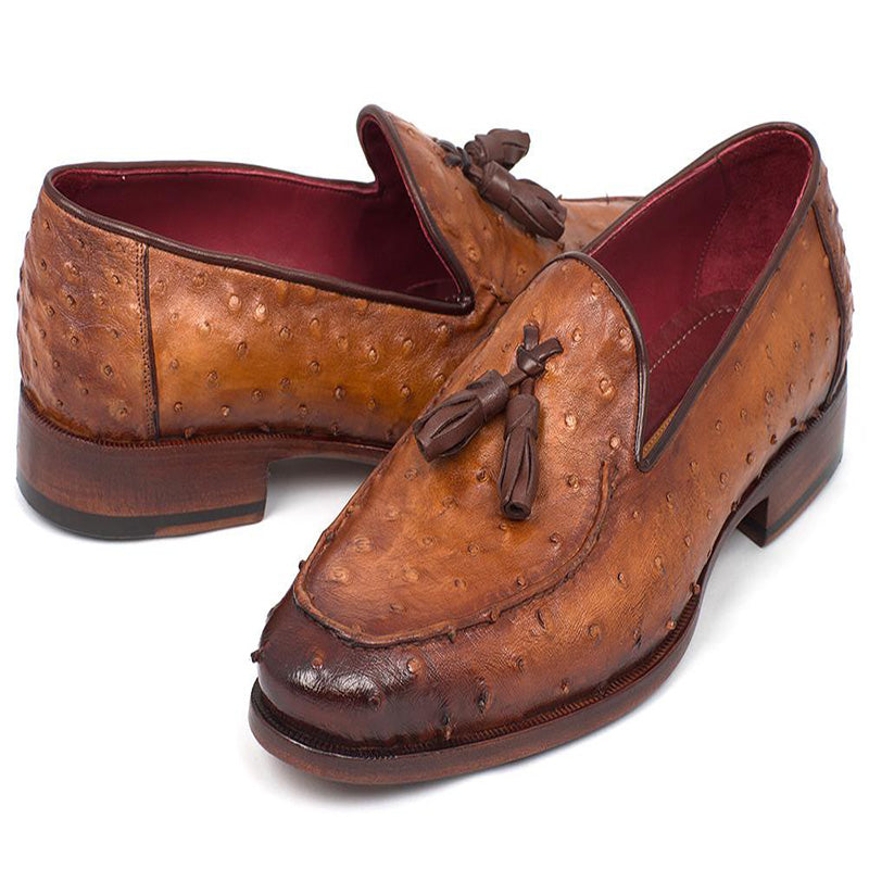 Paul Parkman Genuine Ostrich Tassel Loafers Camel Brown