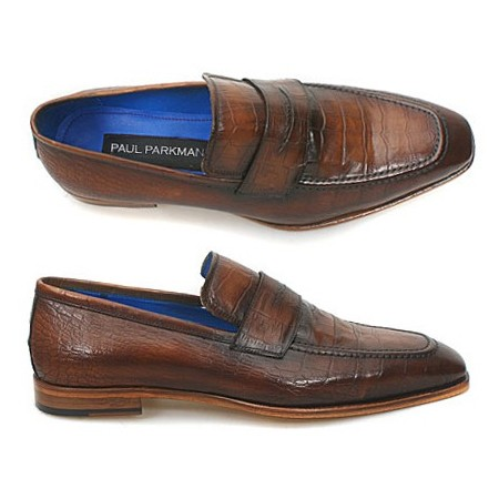 Paul Parkman Handmade Croc Embossed Penny Loafers Brown