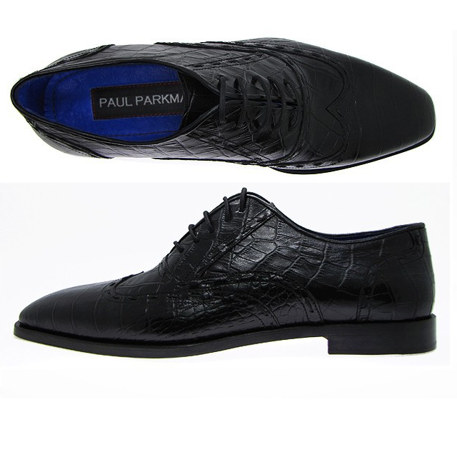 Paul Parkman Handmade Croc Embossed Wingtip Oxfords Black