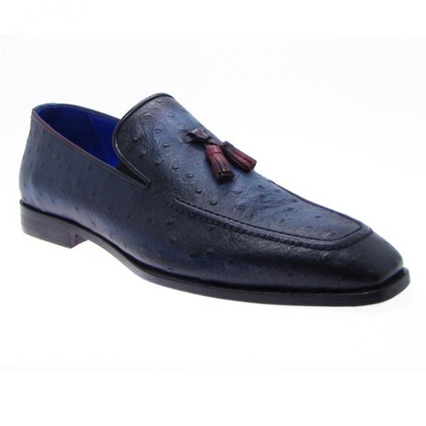 Paul Parkman Handmade Ostrich Embossed Tassel Loafers Navy