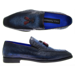 Paul Parkman Handmade Ostrich Embossed Tassel Loafers Navy