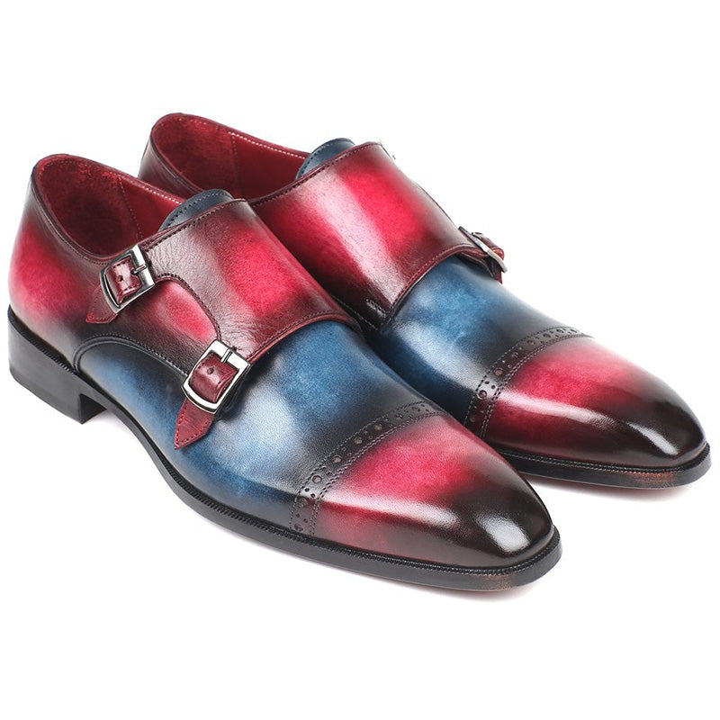 Paul Parkman Leather Double Monkstraps Shoes Blue & Fuxia