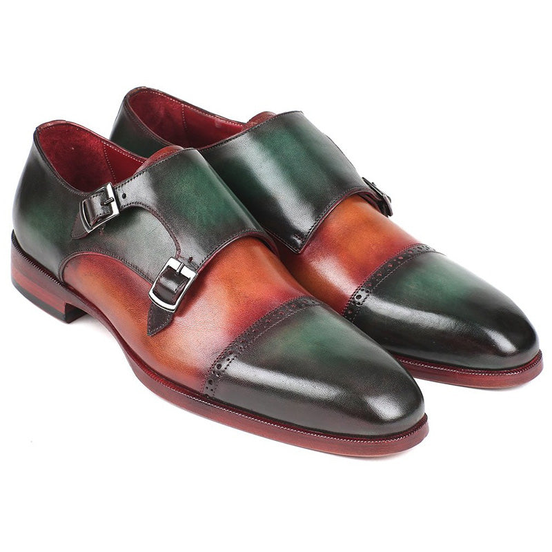 Paul Parkman Leather Double Monkstraps Shoes Green & Camel